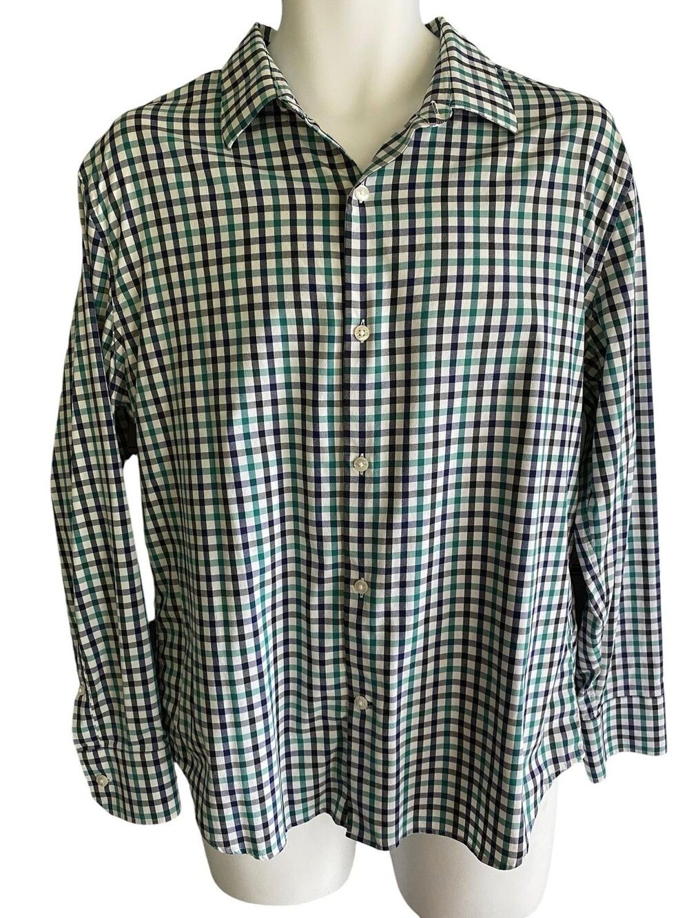 Bonobos Shirt Mens Large Green Blue Check Slim Fit Nylon Stretch Long Sleeve